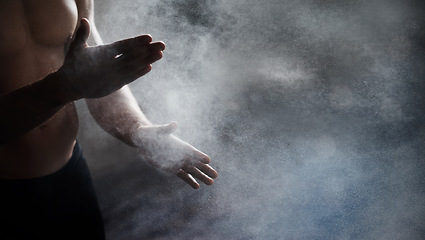 Image showing Magnesium, chalk and bodybuilder hands preparing for a workout or weight training at the gym. Fitness, talc and male athlete getting ready for bodybuilding exercise in sports center with mockup space