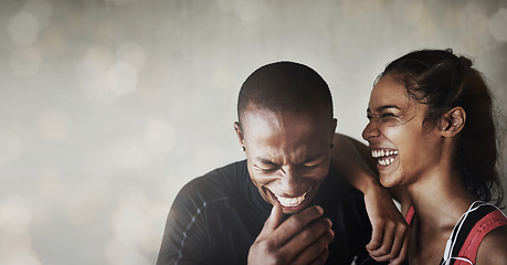 Image showing Fitness, happy and couple laughing in a studio after a workout or sports training together. Happiness, smile and excited interracial man and woman athletes by a brown background with mockup space.