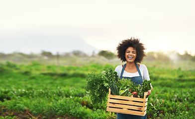 Image showing Agriculture, farm and portrait of black woman with vegetables, natural produce and organic food in field. Sustainability, agribusiness and farmer with box for eco farming, gardening and harvesting