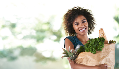 Image showing Black woman, grocery shopping and mockup portrait with space, blurred background and happy for discount. African customer girl, vegetables and fruit in mock up with smile, excited and retail sale