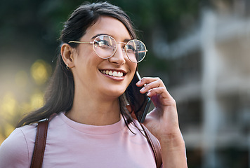 Image showing Mockup, phone call and woman in a city for travel, vacation and holiday on blurred background. Girl, student and smartphone conversation, happy and smile while relax on break, cheerful and excited