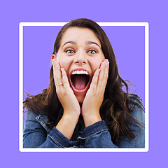 Image showing Portrait, surprise and frame with a woman on a purple background in studio for wow, omg or wtf expression. Face, shock and announcement with an attractive young female feeling surprised at good news