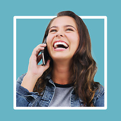 Image showing Frame, phone call and woman with smile, connection and laughing with girl on blue studio background. Female, lady or smartphone for communication, chatting or talking with happiness, cheerful or joy
