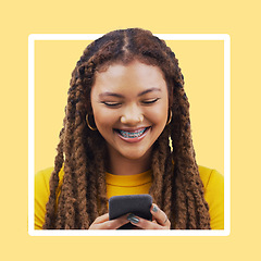 Image showing Frame, black woman and smartphone for social media, online reading and smile on studio background. Border, African American female and girl with cellphone, connection and typing for text and chatting