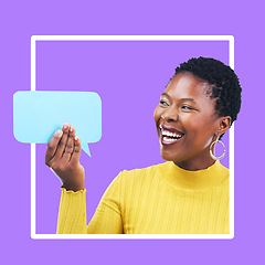 Image showing Social media, chat and black woman with a speech bubble for communication isolated on a background. Mockup, review and laughing African girl holding a board for news, a voice and announcement