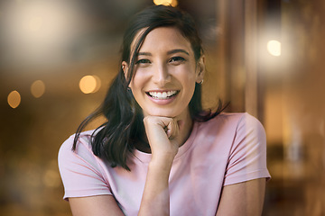 Image showing Woman, face and happy portrait with bokeh mockup space for motivation, mindset and kindness. Face of model person with smile for advertising positivity, happiness and free time in cafe or coffee shop