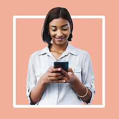 Image showing Social media, chat and woman on a phone for connection isolated on a digital studio background. Creative, communication and girl typing on a mobile for contact update on a wallpaper backdrop