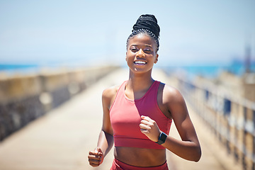 Image showing Black woman, fitness and running with smile for workout, cardio exercise or training in the outdoors. Happy African American female runner smiling in run, exercising or marathon for healthy lifestyle