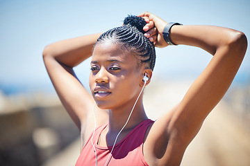 Image showing Black woman, break and breathing outdoor for fitness, healthy target and body fatigue. Female athlete, breathe and thinking of sports workout, exercise mindset and music earphones of runner challenge