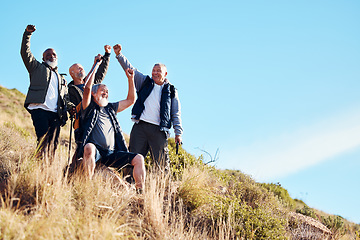 Image showing Men, senior and hiking success in nature, celebration and victory, cheering and happy on blue sky background. Elderly, friends and man hiker group celebrating achievement, freedom and exercise goal