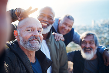 Image showing Senior hiking, selfie and nature exercise of elderly men together with peace sign. Friends, trekking adventure and happiness of old people outdoor for health, wellness and fitness on a journey