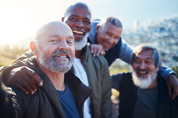 Image showing Senior hiking, selfie and nature walk of elderly men smile together in retirement. Friends, trekking adventure and happiness of old people outdoor for health, wellness and fitness on a journey