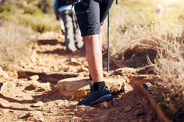 Image showing Closeup, legs and hiker in nature, fitness and exercise for wellness, fresh air and on summer vacation. Zoom, leg and athlete outdoor, hiking and workout in the wilderness for health and adventure