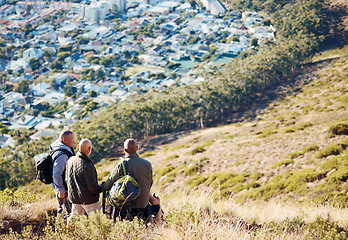 Image showing Hiking, relax and freedom with old men on mountain for fitness, trekking and backpacking adventure. Explorer, discovery and expedition with friends mountaineering for health, retirement and journey