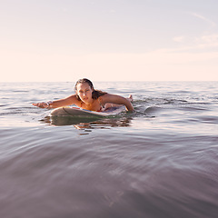 Image showing Surfing, woman and portrait in waves, sea and ocean for summer adventure, freedom and sky mockup in Australia. Female surfer, board and swimming in water, beach and relax for tropical holiday travel