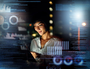 Image showing Overlay, analytics and information technology with a woman programmer working in a dark office for cyber security. Data, software or 3d with a female employee using a ux interface for finance trading