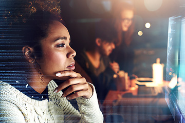 Image showing Thinking, futuristic overlay and black woman on computer for online finance, fintech and data analysis. Digital transformation, software overlay and face of girl for financial analytics on 3d screen