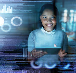 Image showing Futuristic overlay, tablet and portrait of woman with smile for website, data analysis and networking. Digital transformation, fintech and girl with tech user interface, cyber hologram and 3d screen