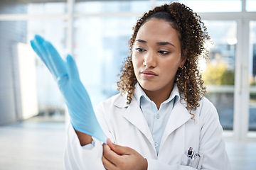 Image showing Black woman, science and medical research, gloves and hand, scientific innovation with safety and health science. Healthcare, doctor and investigation, forensic analysis with test, experiment and PPE