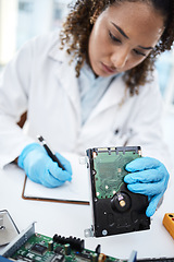 Image showing Black woman technician, computer or laptop motherboard for cyber crime investigation, analysis and IT solution. Information technology engineer, notebook and lab with hard drive, writing and notes