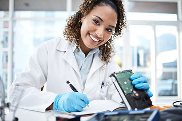 Image showing Black woman, lab and computer circuit for portrait in cyber crime investigation, analysis and IT solution. Information technology engineer, notebook and laboratory for programmer, writing and notes