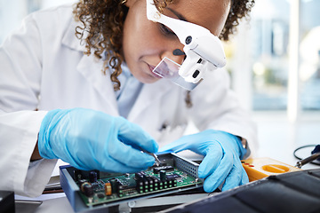 Image showing Computer hardware, programming and black woman electrician working on cpu, circuit and microchip. IT maintenance, technology repair and engineer with glasses fix code, motherboard and processor