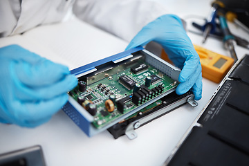 Image showing Computer hardware, repair and hands of engineer working on electronic cpu, circuit and microchip. Information technology maintenance, programming and electrician fix coding, motherboard and processor