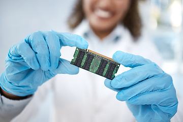 Image showing Microchip, tracker or motherboard in hands of engineer or electronics expert working on electric project. Technician, gloves and electrician with repairing device or RAM as technology equipment