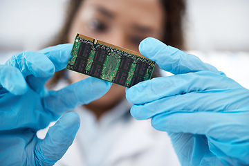 Image showing Microchip, device or motherboard with engineer or electronics expert working on electric project. Technician, gloves and electrician with repairing device or RAM as technology equipment