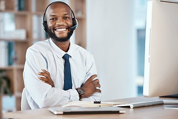 Image showing Customer support portrait, computer consulting and black man telemarketing on contact us CRM or telecom. Call center communication, online ecommerce or information technology consultant on microphone