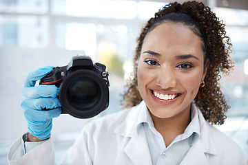 Image showing Camera, photography and portrait of black woman in forensics laboratory for investigation, crime scene and evidence. Research, analytics and observation with girl and digital pictures for science