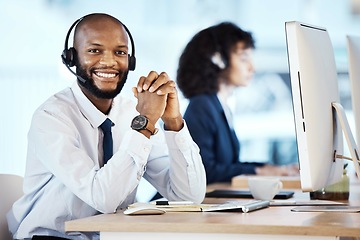 Image showing Customer service portrait, computer consulting and black man telemarketing on contact us CRM or telecom. Call center communication, online ecommerce or information technology consultant on microphone