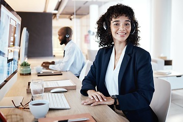 Image showing Customer service portrait, computer consulting and woman telemarketing on contact us CRM or telecom. Call center communication, online e commerce or information technology consultant on microphone