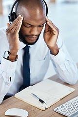 Image showing Stress, burnout and anxiety by call center worker, employee and customer service consultant in office. Headache, mental health and depressed telemarking agent frustrated at the workplace