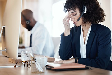 Image showing Stress, anxiety and depression female call center agent frustrated and sad in an office or workplace. Headache, pain by customer service worker, employee or consultant feeling depressed