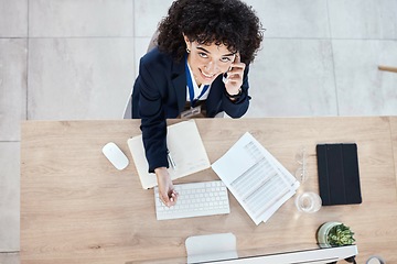 Image showing Phone call communication, office computer and woman finance conversation with stock market investment contact. Bitcoin crypto trader, top view and forex account manager networking on NFT trading talk