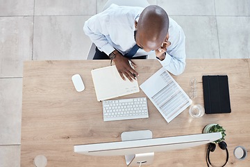 Image showing Documents, notes and businessman on phone call planning a schedule or growth strategy for a startup in an office. Overhead, employee or black man working in discussion on mobile conversation