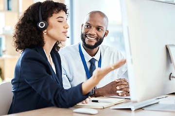 Image showing Callcenter, customer service or teamwork on computer for coaching, consulting or networking in office. Manager, learning or black man and woman on tech for telemarketing, research or strategy support