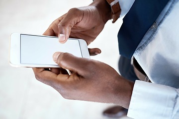 Image showing Black man hands, blank phone screen and digital business communication on 5g connection. Writing, social media scroll and email typing corporate employee networking online on technology and internet