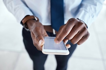 Image showing Black man hands , phone screen zoom and mobile communication with 5g connection. Writing, social media scroll and email typing business employee outdoor networking online on technology and internet