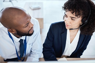 Image showing Callcenter face, confused or teamwork on computer for 404 glitch, consulting error or bad feedback in office. CRM or black man and woman on tech telemarketing, mistake or customer support service