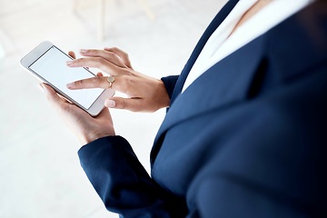 Image showing Phone, mockup and hands of business woman texting, advertising and copy space on white background. Space, branding and smartphone screen with lady browsing, internet and search, app and website