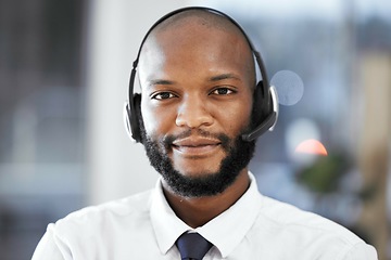 Image showing Customer support consulting, face portrait and black man telemarketing on contact us call center. Receptionist telecom, e commerce CRM or information technology consultant on microphone communication