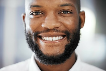 Image showing Portrait of black man smile for teeth whitening results, dental medical insurance and healthcare in USA. Happy person or young professional with mouth cleaning services in face, headshot for about us