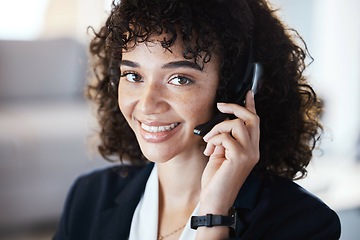 Image showing Customer support consulting, face portrait or happy woman telemarketing on contact us call center. Receptionist telecom, ecommerce CRM or information technology consultant on microphone communication