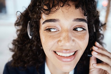 Image showing Customer support face, happy consultant or woman telemarketing, consulting or contact us CRM. Call center telecom, online e commerce or information technology consultation on microphone communication