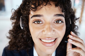 Image showing Customer service consultant, face portrait and happy woman telemarketing on contact us CRM or telecom. Call center communication, online e commerce and information technology consulting on microphone