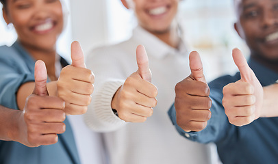 Image showing Thumbs up, thank you and winner with hands of business people for yes, approval and emoji. Diversity, community and support with employee and positive gesture for agreement, success and achievement