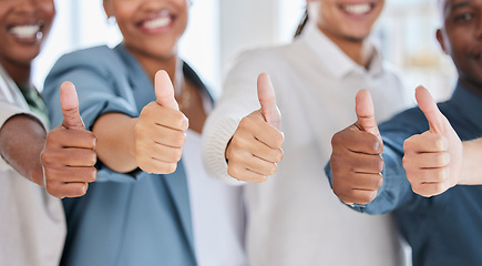 Image showing Thumbs up, success and support with hands of business people for yes, approval and emoji. Diversity, community and winner with employee and positive gesture for agreement, thank you and achievement