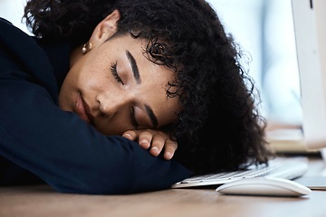 Image showing Sleeping, face and business woman burnout from finance portfolio work, stock market database or investment budget. Office, forex account manager or trader tired from NFT, bitcoin or crypto trading